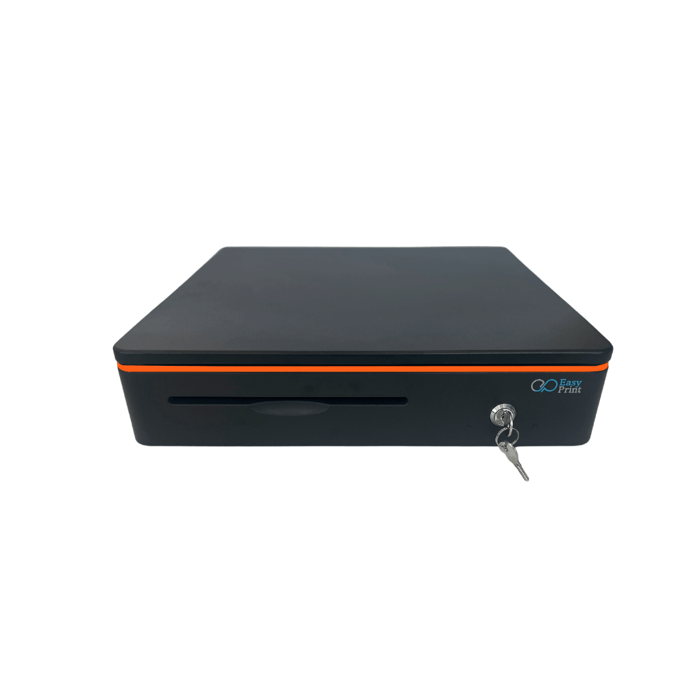 ลิ้นชักเก็บเงิน EASYPRINT รุ่น CD-405 สีดำ-ตัดขอบส้ม 4 ช่องธนบัตรขนาดใหญ่ 8 ช่องเหรียญ RJ11 12/24V_0